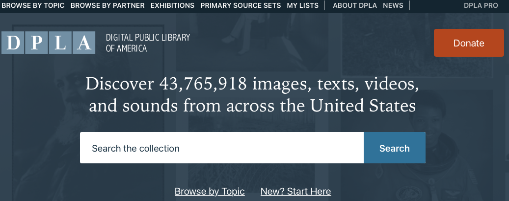 An screenshot of the homepage of the Digital Public Library of America
