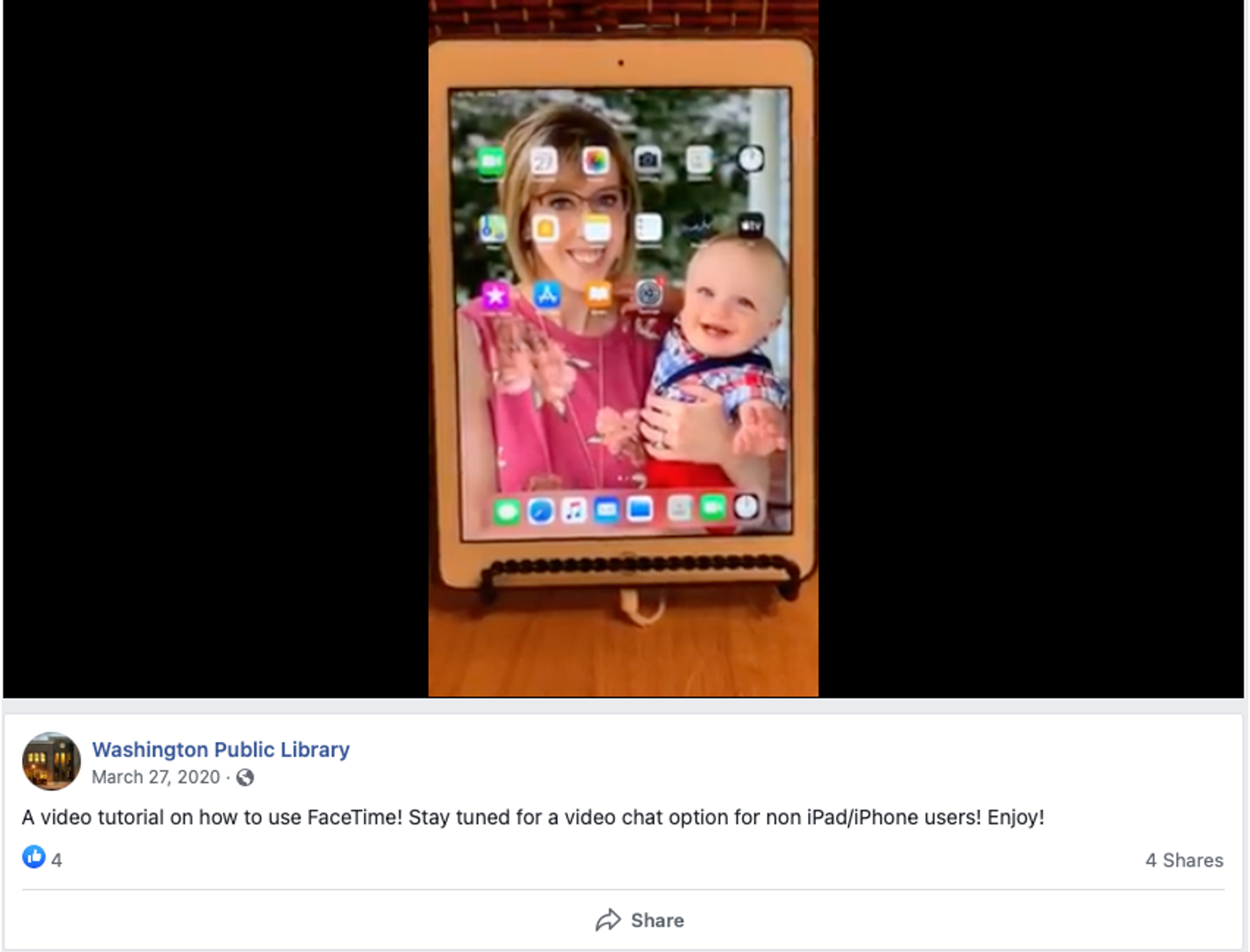A screenshot of a Facebook post: A video tutorial on how to use FaceTime! Stay tuned for a video chat option for non iPad/iPhone users! Enjoy!
